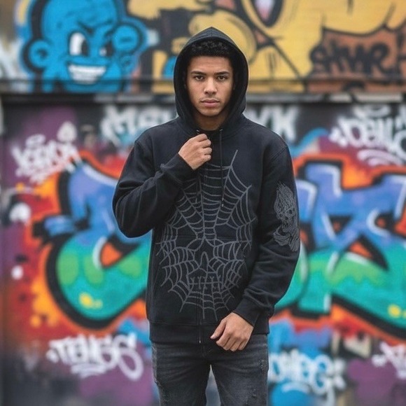 Lurking Class Other - Lurking Class Men's Medium Gothic Streetwear Black Spider Web Graphic Zip Hoodie